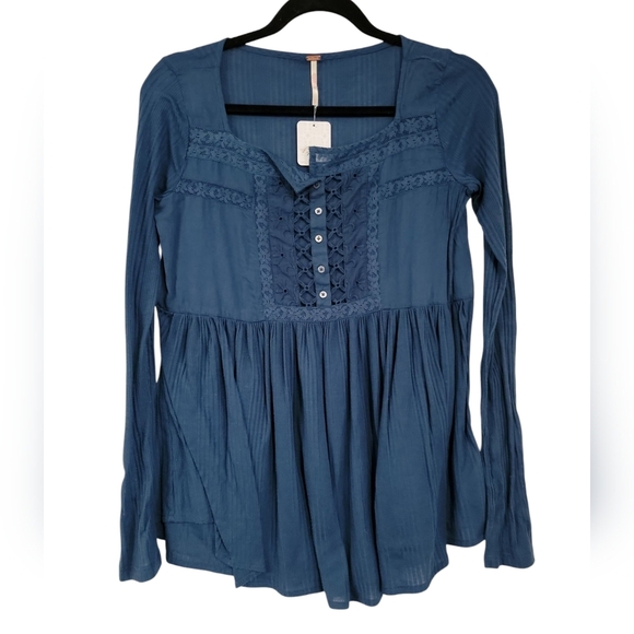 Free People Blue Smocked Bib Collar Blouse NWT! - Picture 1 of 10
